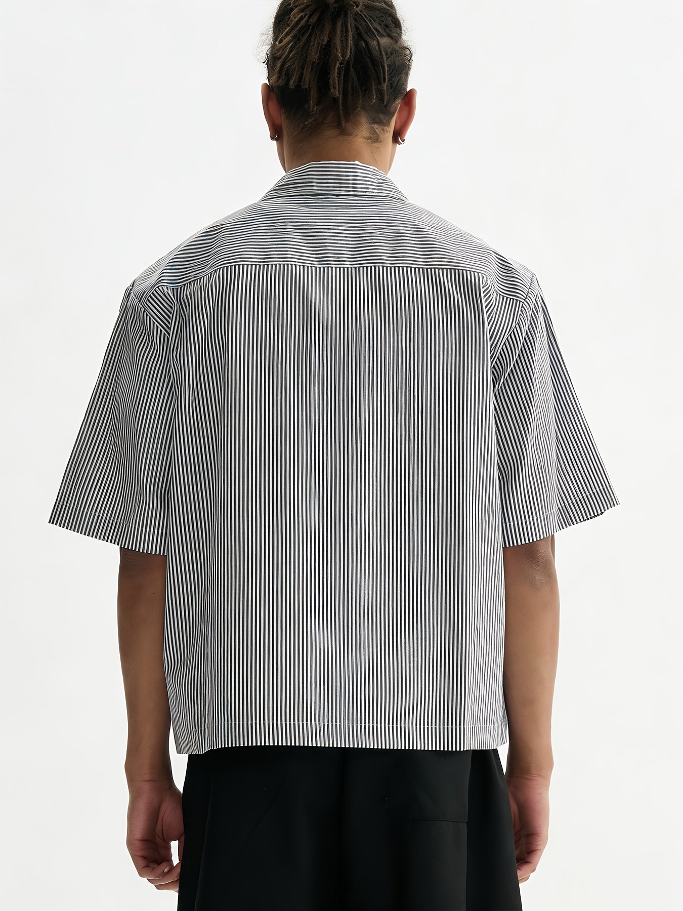 Unisex Casual Striped Shirt - Oversized, Loose Fit, Short Sleeve with Chest Patch Pocket | Lightweight Polyester Fabric | Perfect for Everyday, Beach, Party & Streetwear | Casual Attire | Chic Casual Style | Nontransparent Fabric