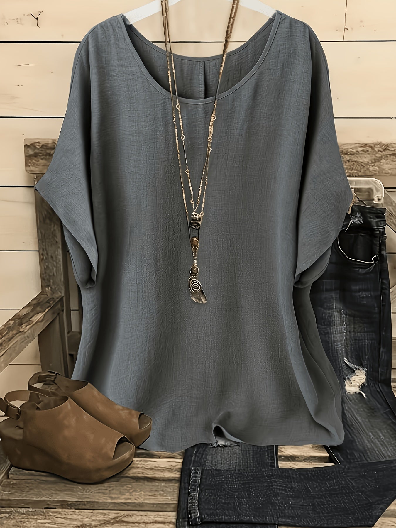 [Women'S Batwing Shirt] 2pcs, Women'S Casual Vacation Solid Color Round Neck Batwing Sleeve Shirt - No Additions Included