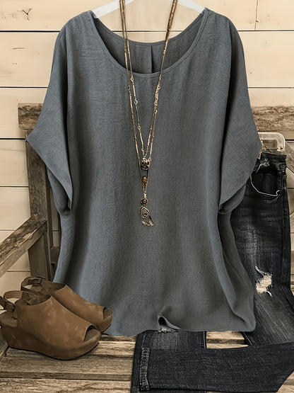 [Women'S Batwing Shirt] 2pcs, Women'S Casual Vacation Solid Color Round Neck Batwing Sleeve Shirt - No Additions Included