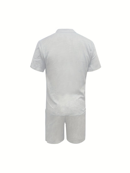 Summer Casual Fabric Men's Solid Color Short Sleeve Single-Breasted Shirt and Shorts Set