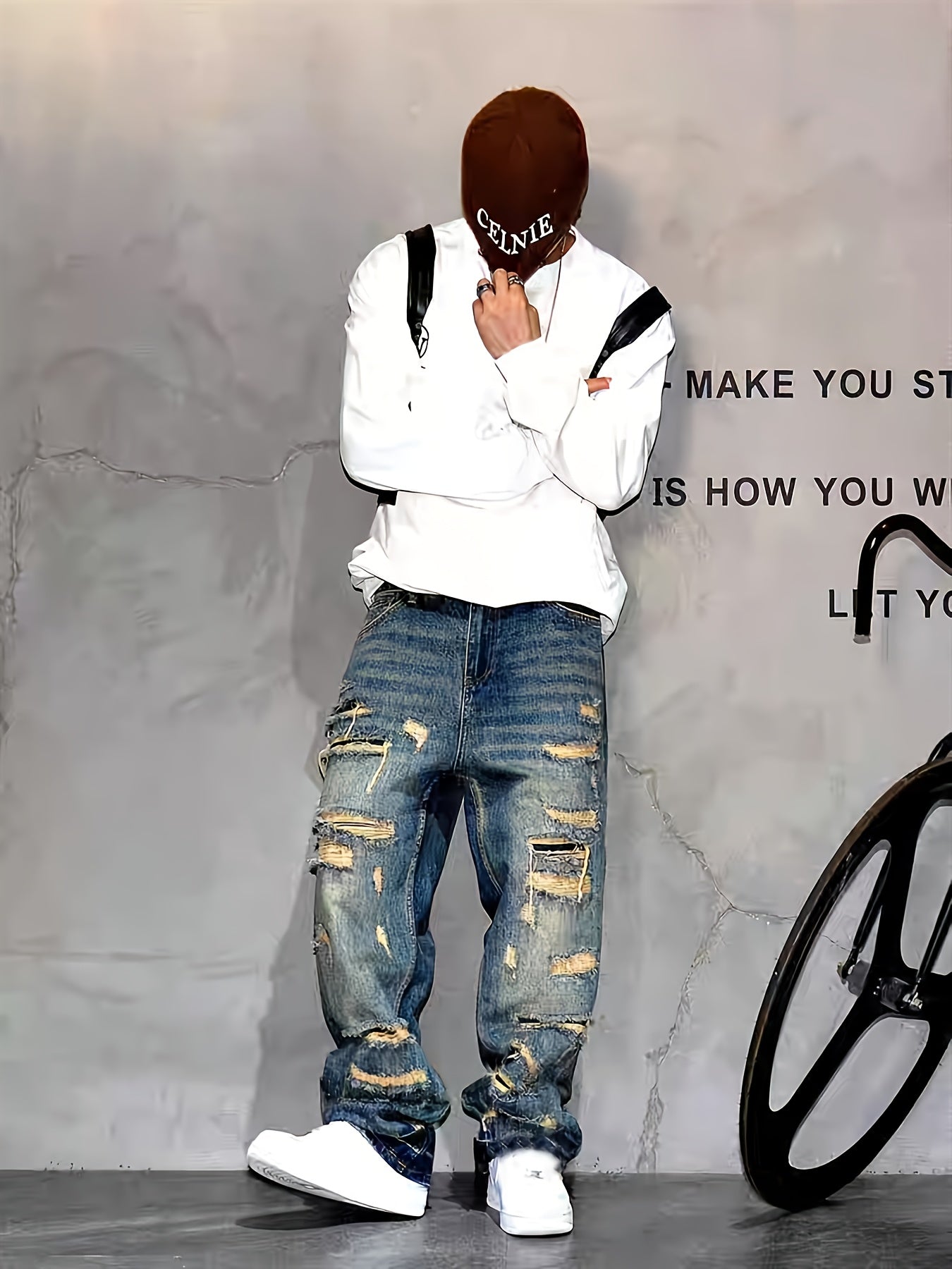 American Style High Street Patch, Wide Leg Jeans with Holes, Men's Fashion, Rugged And Stylish, Loose Design, Straight Leg Pants, Men's Fashion