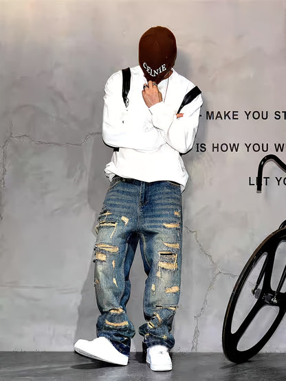American Style High Street Patch, Wide Leg Jeans with Holes, Men's Fashion, Rugged And Stylish, Loose Design, Straight Leg Pants, Men's Fashion