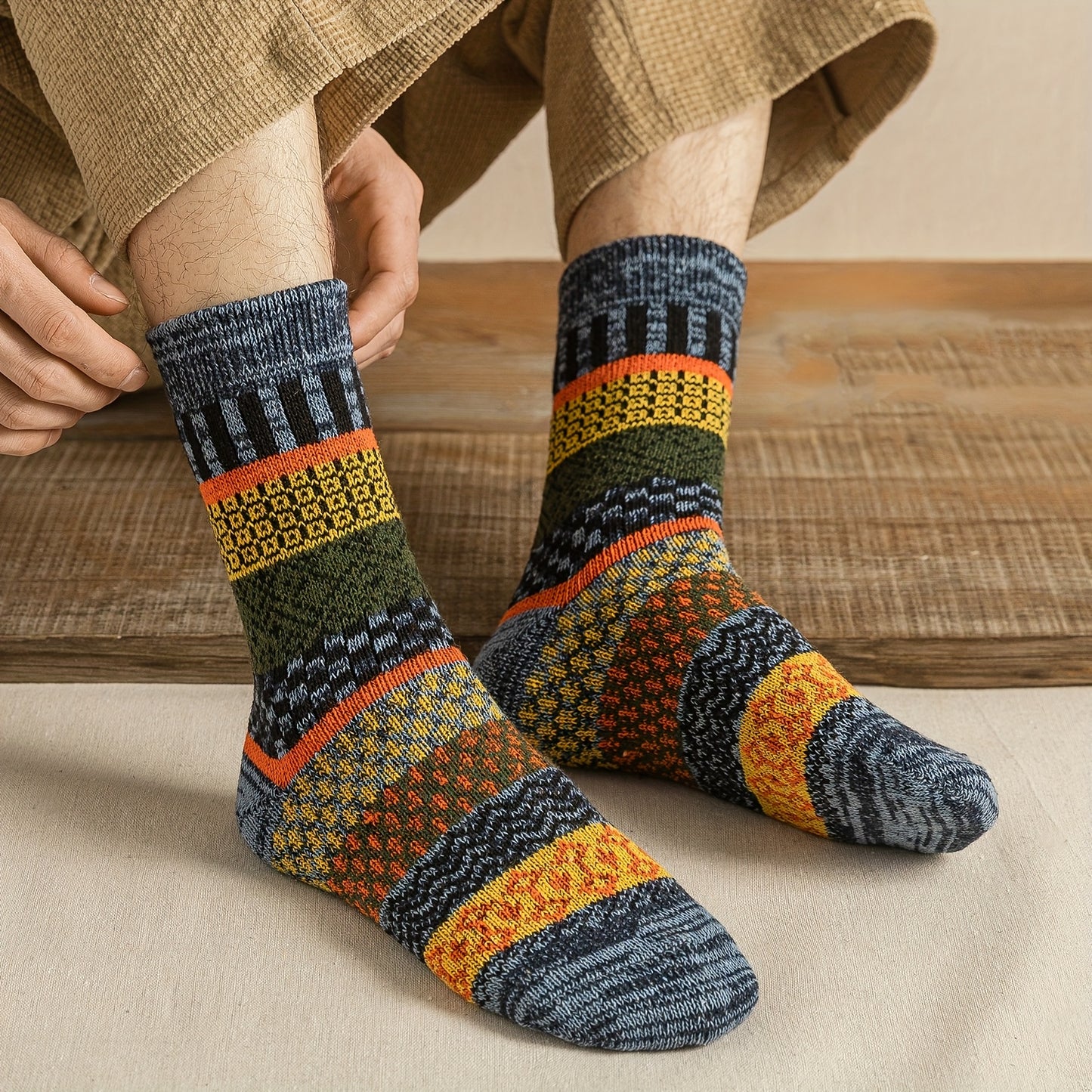 5Pairs Man Warm Socks Christmas Thick Mid Tube Socks Retro Nordic Style Women Couple Socks One Size US5-10 9004