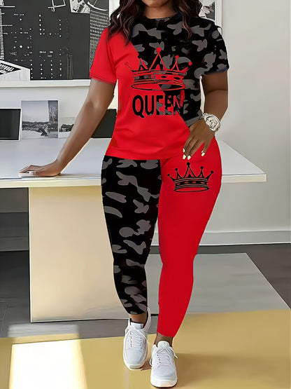 Spring/Summer Women'S Color-blocked Crown and Letter Print Short-sleeved T-shirt and Trousers Set | Casual Crew Neck Pullover with Alphabet Patterns
