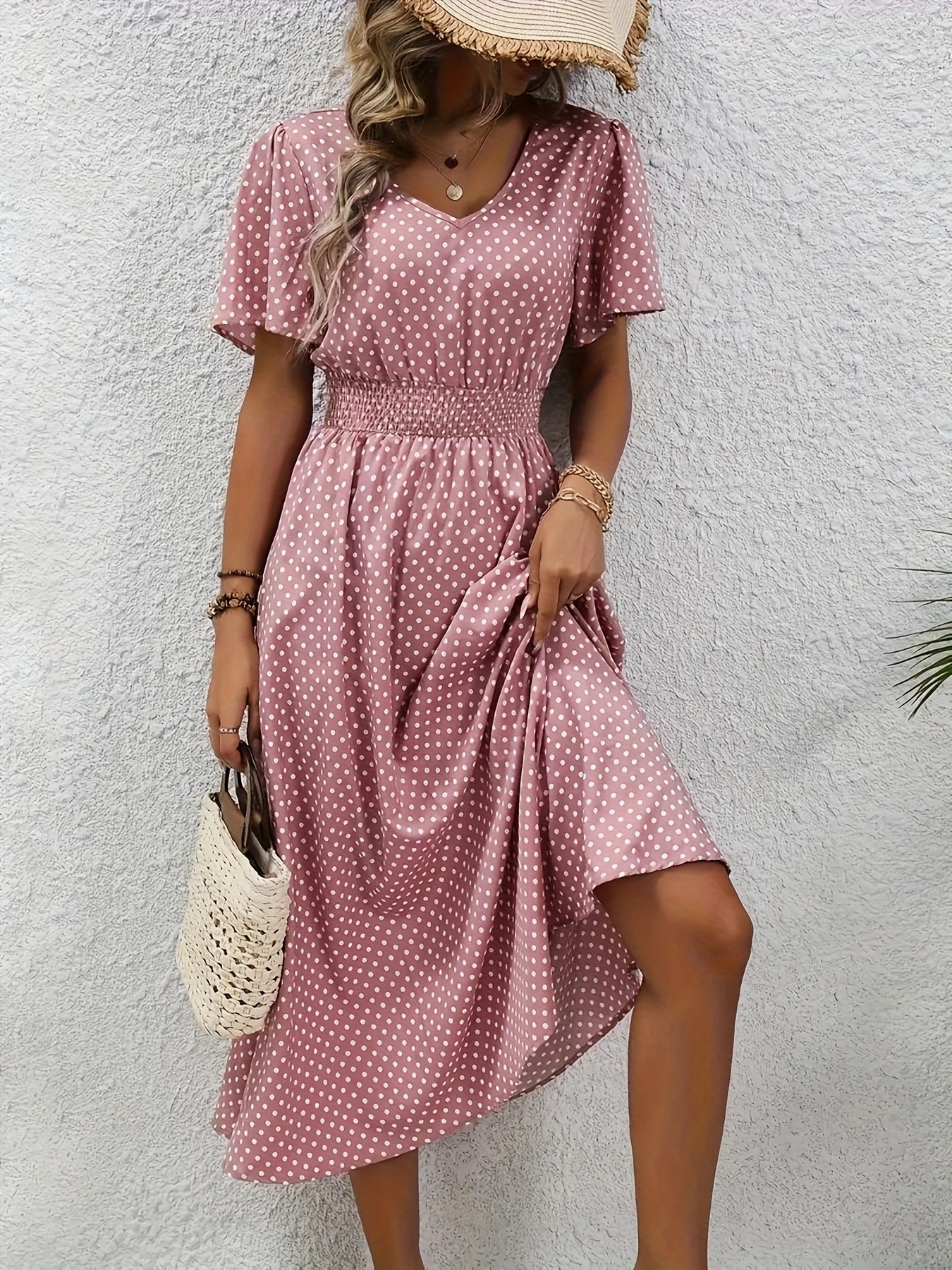 Stylish Pink Polka Dot Midi Dress for Ladies - Casual V-Neck, Ruffled Sleeves, Fitted Waist Design, Made from Lightweight, Ideal for Spring And Summer, Machine Washable
