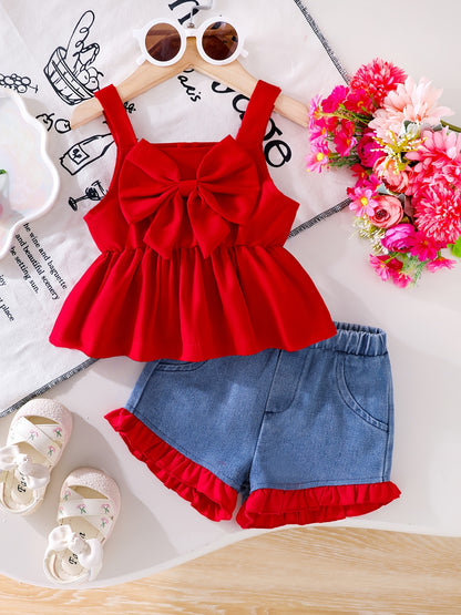 2pcs Baby Girls Set 3D Bow Sleeveless Cami Top Ruffle Trim Denim Shorts Summer Outdoor Play, for Outdoor
