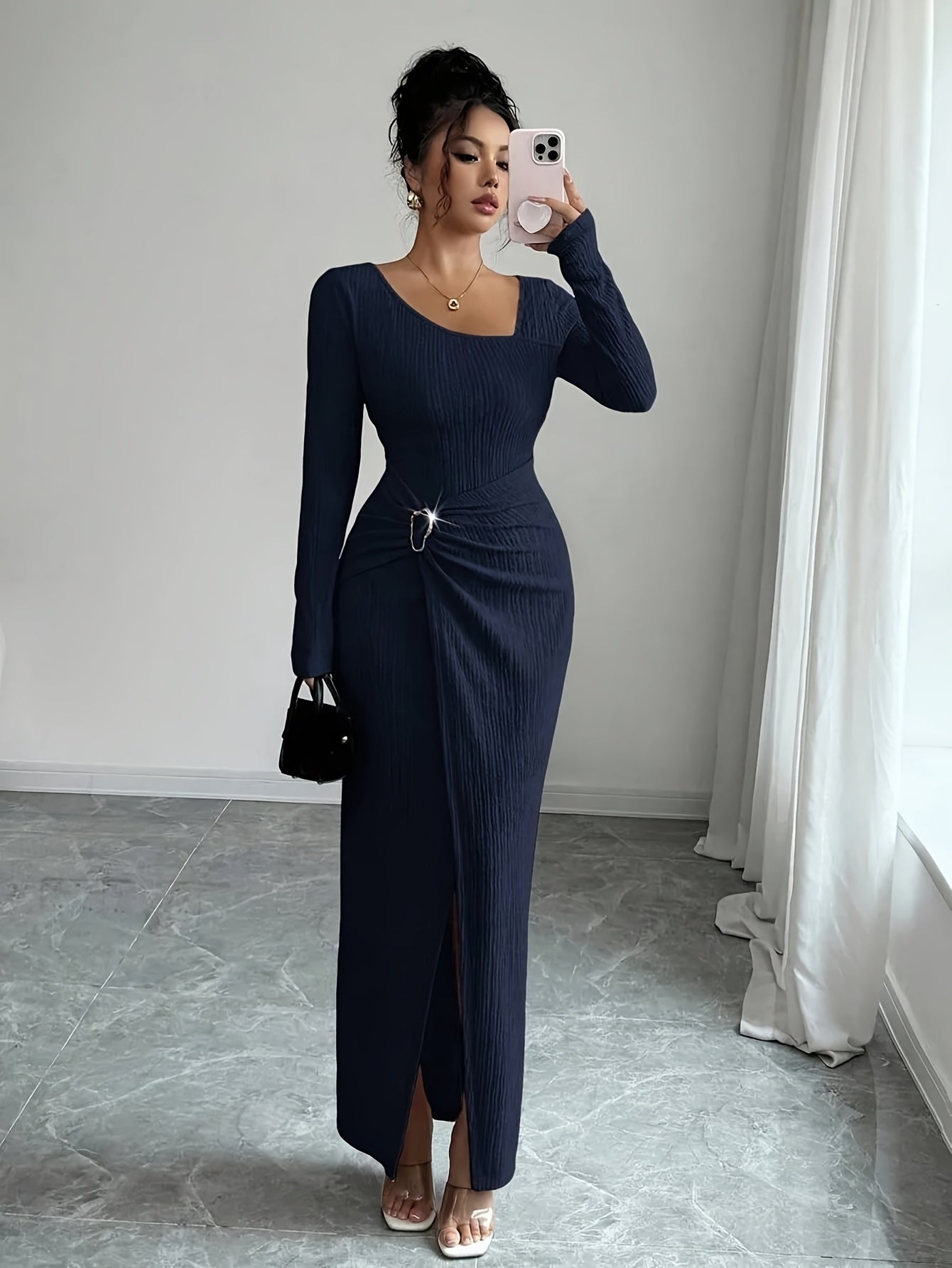 Women'S Solid Color Twisted Split Maxi Dress Asymmetrical Neck Slim Bodycon Fall Winter Elegant Fashion Dress
