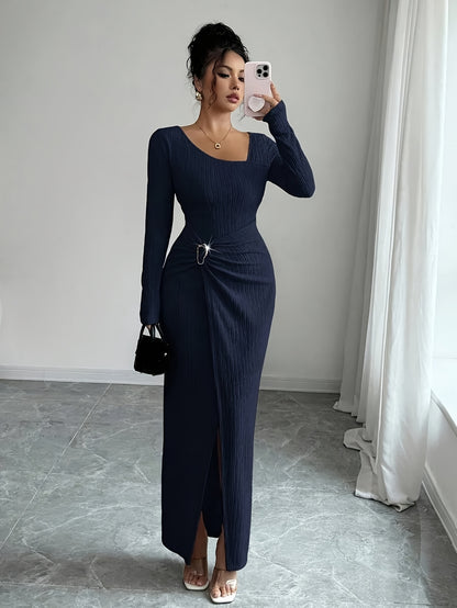Women'S Solid Color Twisted Split Maxi Dress Asymmetrical Neck Slim Bodycon Fall Winter Elegant Fashion Dress