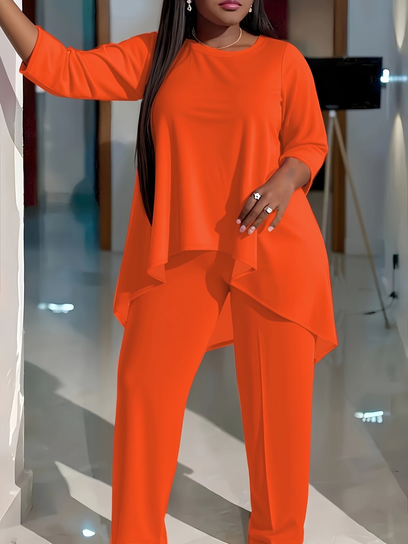 Plus Size - Plus Size Two-piece Set, Solid Color Round Neck 7-inch Sleeve Top And Pants Set, Women'S Two-piece Set