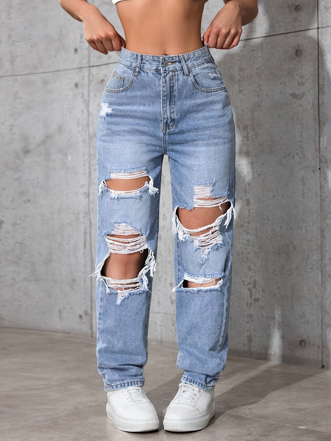 KUYIGO Women'S Pocket Detail Distressed Straight Loose Casual Denim Jeans