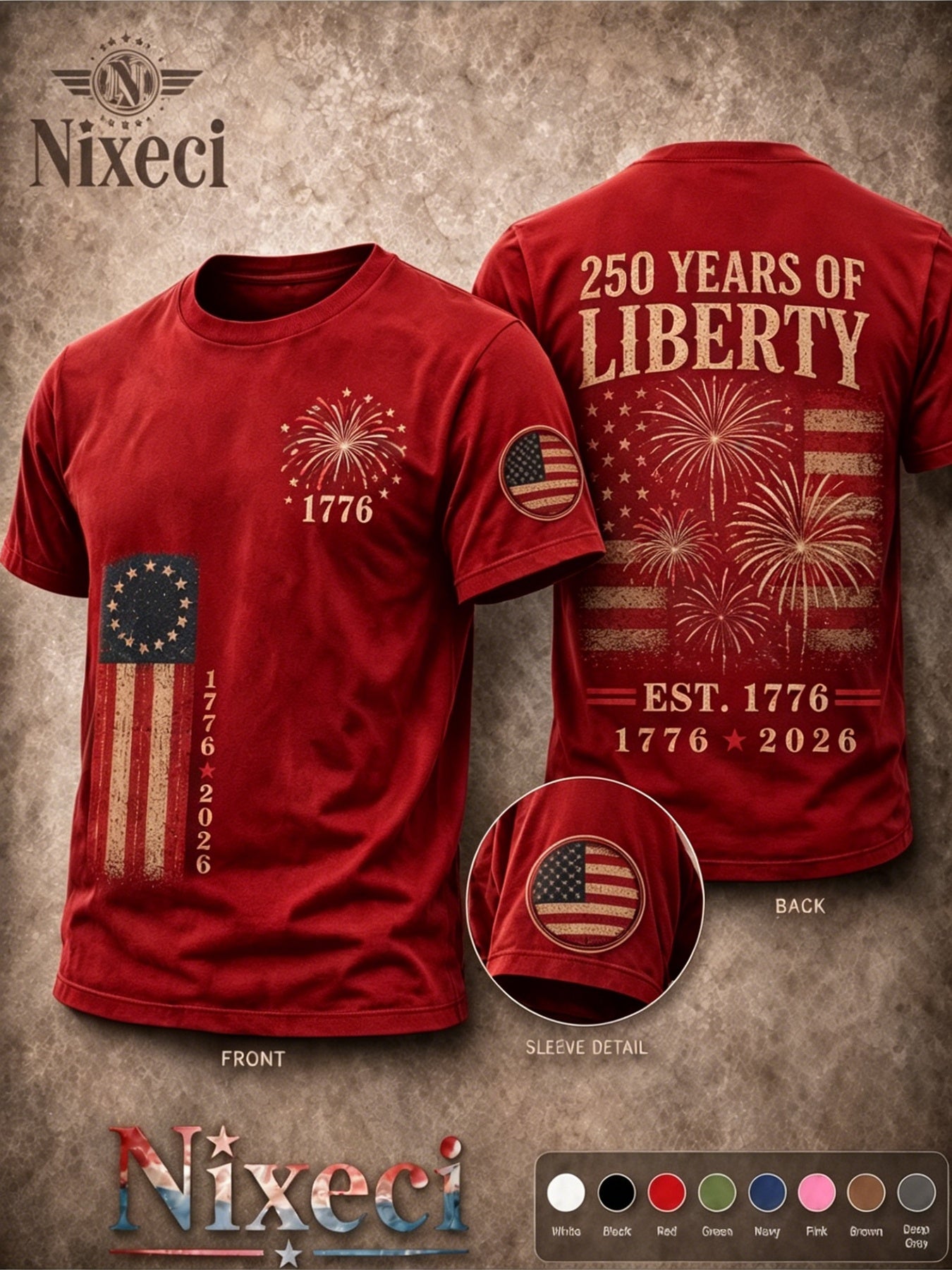 Nixeci Pure T-Shirt Men'S 180G Summer Crewneck Short Sleeve, Patriotic Vintage American Flag Fireworks Double-Sided Multi Print, 4Th of July Independence Day 250 Years of Liberty Casual Loose Fit Tee