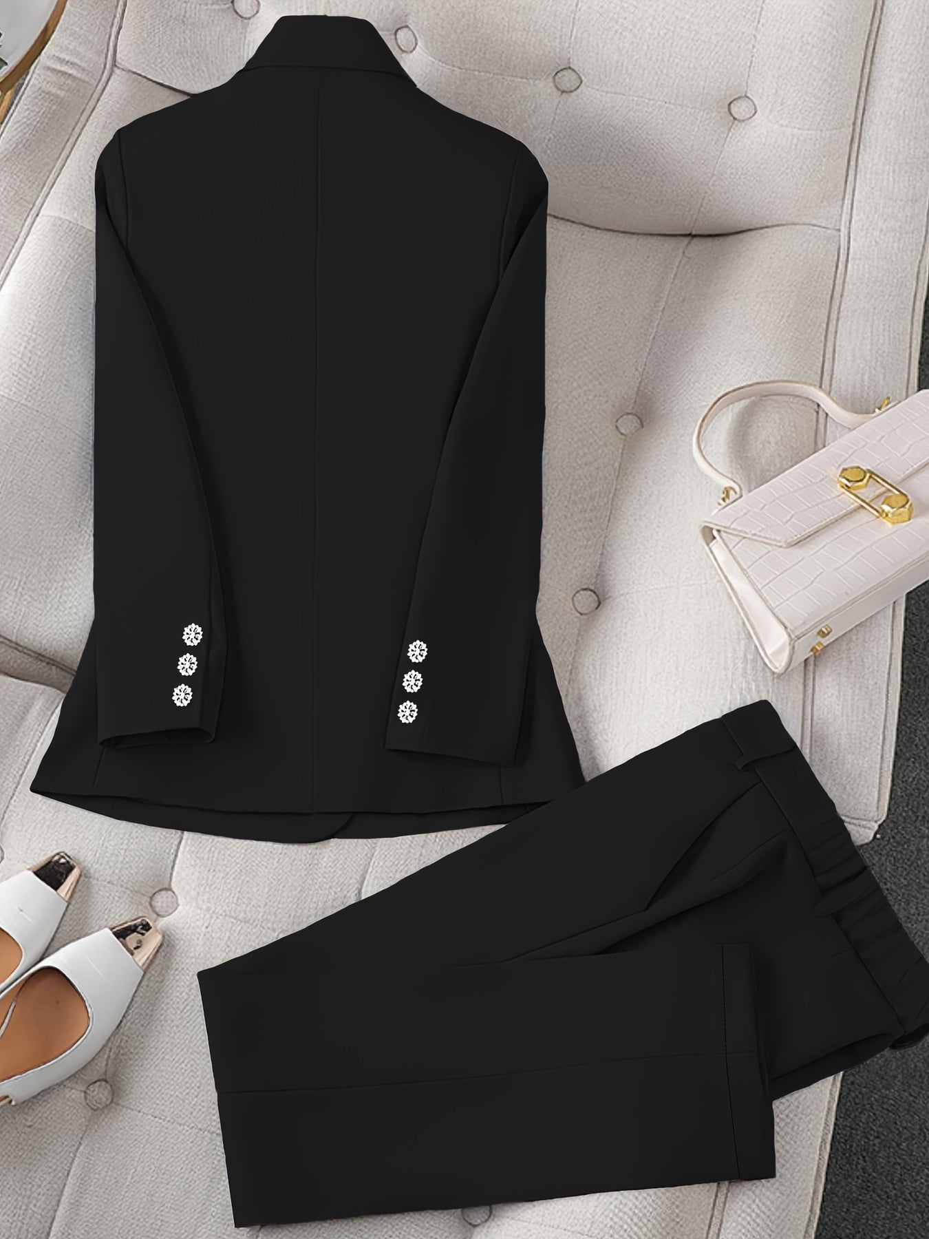 Women's 2pcs Rhinestone Embellished Suit Set, Elegant Lapel Blazer & Straight Pants, Black Formal Business Outfit for Work Party Wedding
