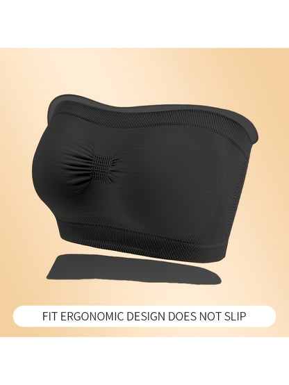 5pcs Women's Strapless Push Up Bandeau Bra - Wireless Seamless No-Underwire Suitable for Daily Layering, Cropped Breathable Comfort Bra with Medium Lift, Solid Color No-Pad for Casual Wear & Strapless Outfits