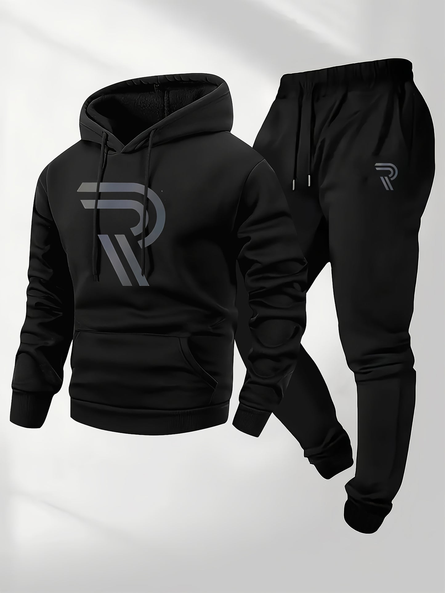 Independence Day Celebration Men's Sportswear 2pcs Hoodie with Pants, Grey with Black Logo, Non-elastic Fabric, Regular Fit, with Pockets, Suitable for Autumn And Winter, Hoodie | Pocket Pants, Sweater Hoodie, Street Style, Party Style