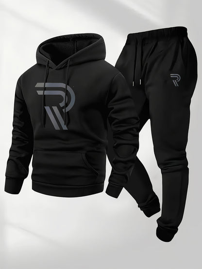 Independence Day Celebration Men's Sportswear 2pcs Hoodie with Pants, Grey with Black Logo, Non-elastic Fabric, Regular Fit, with Pockets, Suitable for Autumn And Winter, Hoodie | Pocket Pants, Sweater Hoodie, Street Style, Party Style
