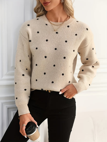 Women'S Polka Dot Sweater - Casual Long Sleeve Crew Neck Pullover with Relaxed Fit & Medium Stretch, Soft Warm Fall Winter Sweater for Casual Attire, Sweater, Mediumstretch Fabric