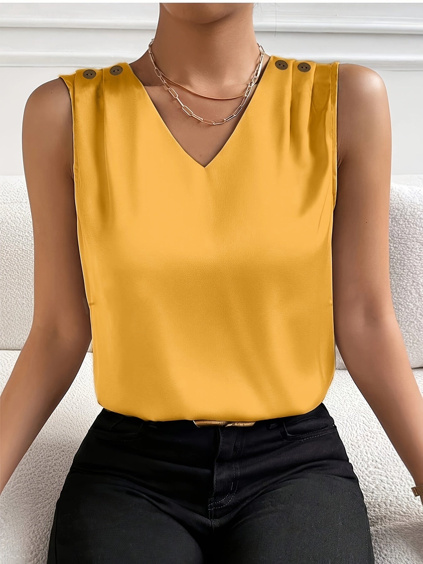 [Summer Tank Top] Solid V-Neck Easy Tank Top, Elegant Button Sleeveless Tank Top for Summer, Women's Clothing