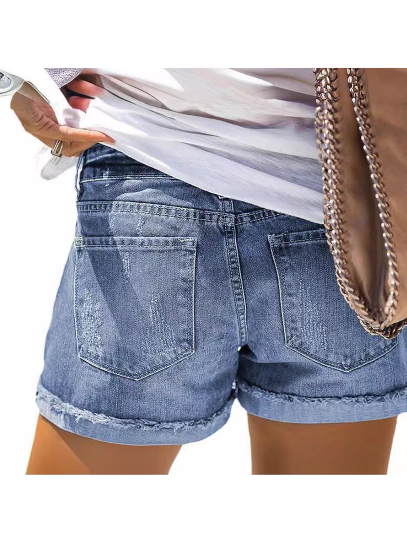 Women's Blue Denim Printed High-Waist Denim Shorts - product view 8