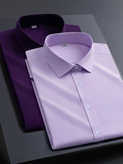 2pcs Men's Long Sleeve Dress Shirts - Elegant White, Stretchy Fabric, Business Casual, Unwrinkled, Single-Breasted with Lapel Collar, All-Season Wear, Casual Attire|Elegant Lapel Shirt|Stretchy Fabric