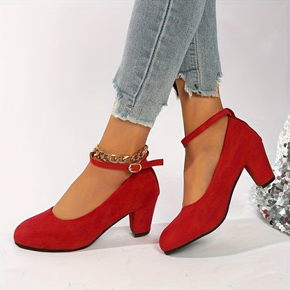 American Spring And Autumn Hot Fashion Easy Round Head Gentle Soft Bottom Big Red Shallow Mouth High Heels, Date And Fashion Thick Heels Comfortable Pure Black Classic Office Work Shoes Women'S Shoes, Women Shoes