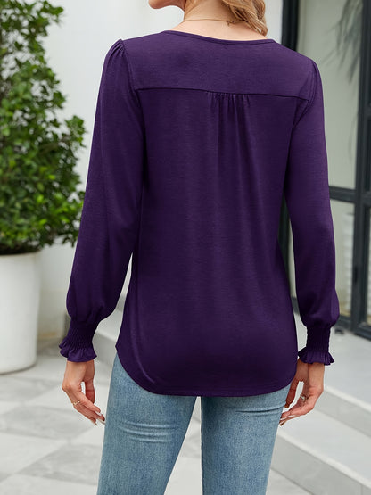 Women'S Autumn Puff Long Sleeve Tunic Tops Pleated Crew Neck Shirts Blouses Casual Loose T-Shirts
