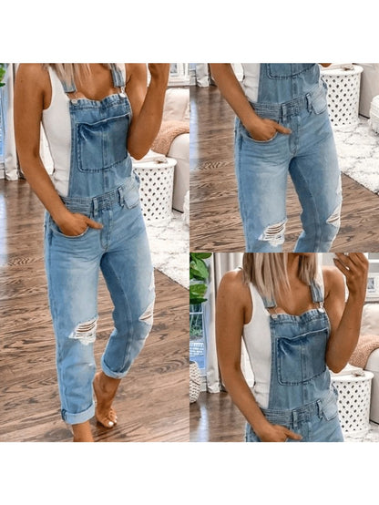 [Ripped Denim Jumpsuit] These Items Run Small; Please Check The Size Chart Before Ordering.New Style Sports Double-Shoulder Strap Ripped Denim Jumpsuit, Suitable For Weekend Outings And Easy Commuting, Fashionable And Comfortable!