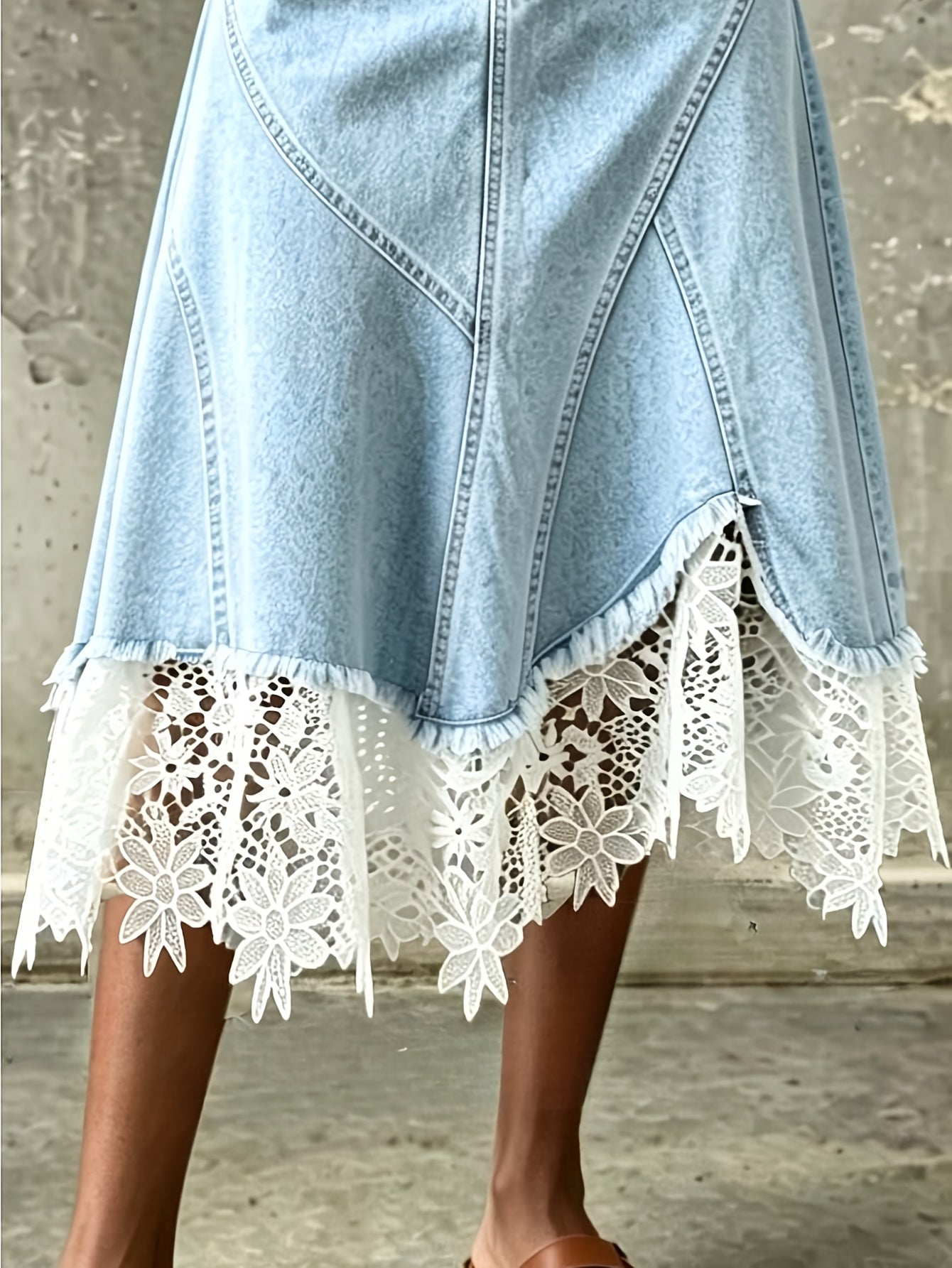 2026 New Summer Lace Splicing Cowboy Skirt, Women'S Big Umbrella Skirt, Elastic Medium Length Skirt, Slim Fit, Light and Mature Style