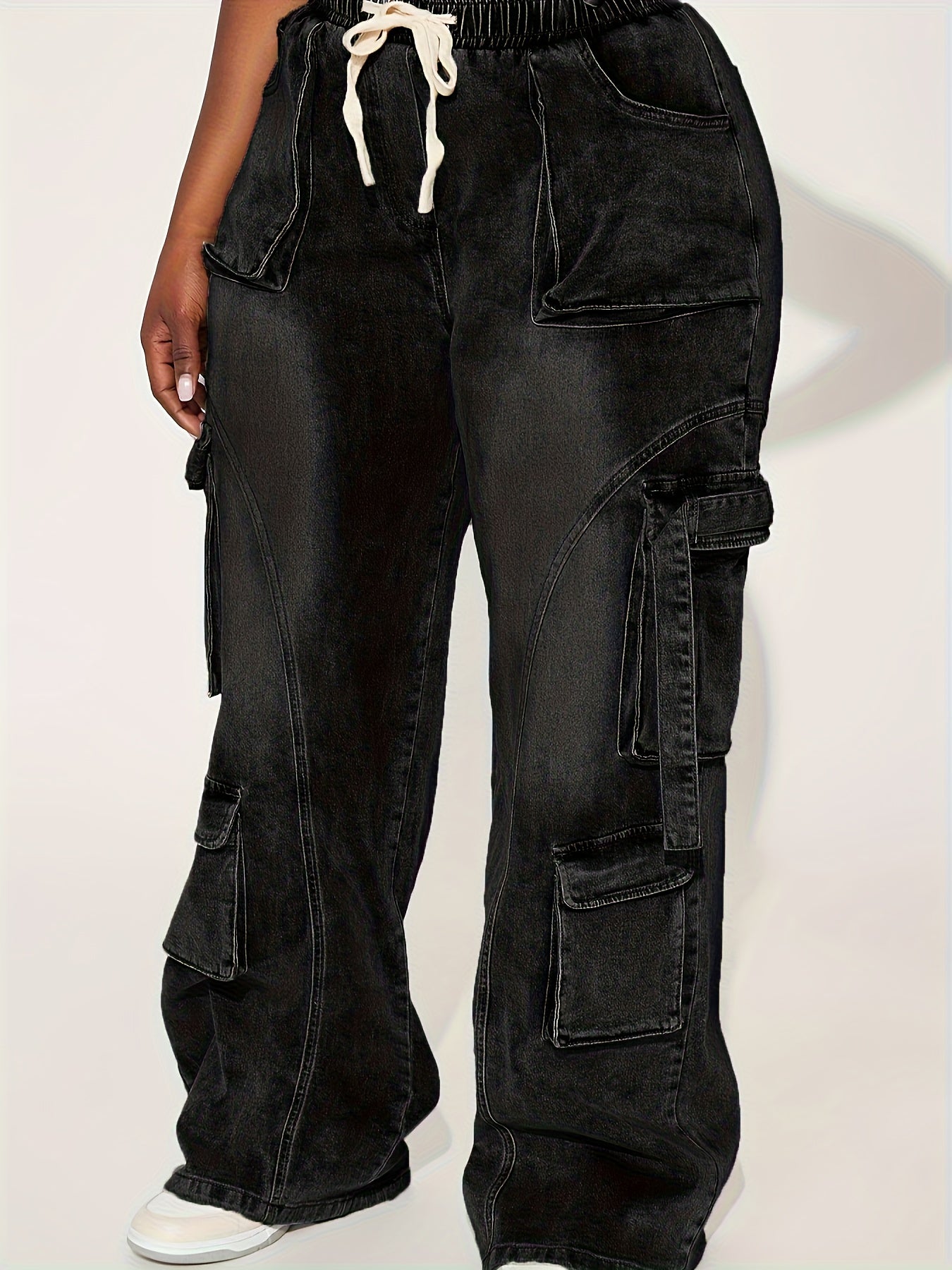 Large Sized Multi Pocket Waist And Headband with Elastic Drawstring Denim Workwear Pants
