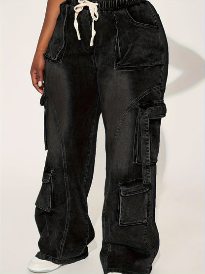 Large Sized Multi Pocket Waist And Headband with Elastic Drawstring Denim Workwear Pants