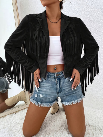 Elegant Women'S Tassel Jacket - Solid Color, V-Neck, Loose Fit for Spring/Fall, Machine Washable