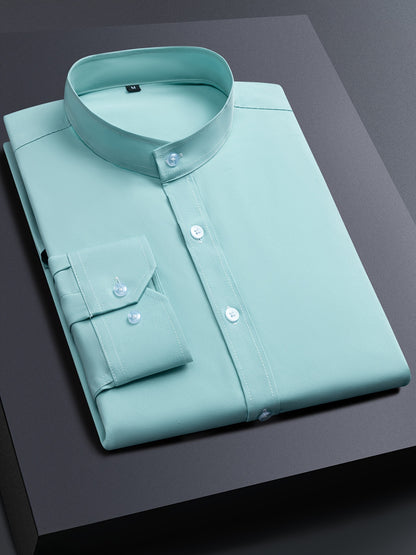 Men'S Henley Collar Long Sleeve Shirt | Casual, All-season, Solid Color, Regular Fit, Button Details, Woven Fabric