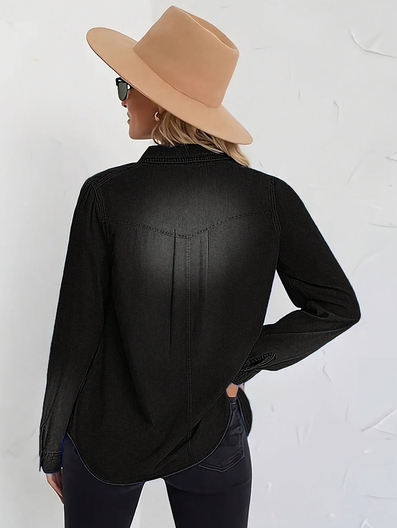 Denim Shirt Women's, Casual Jeans Western Style, Long Sleeved Button Up Top