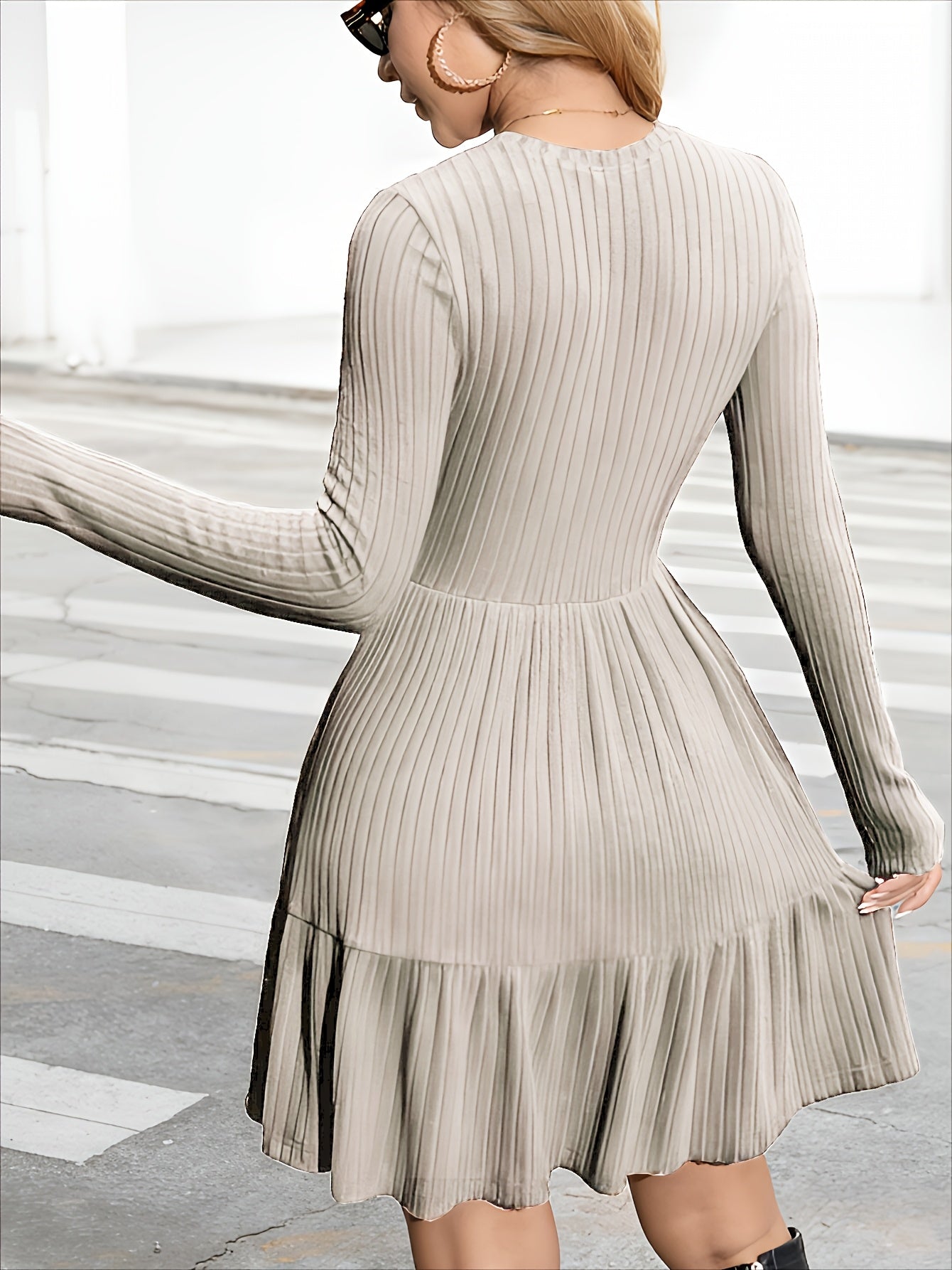 Autumn Style Casual Ruffle Trimmed Skirt, Fitted A-Line Mini Spring Sweater Dress with Knee-Length Fashionable Long Sleeves, A-Line Skirt, Round Neckline, Dropped Shoulder Hem, Fabric, Short Dress, Elegant Women'S Ribbed Long Sleeve Dress
