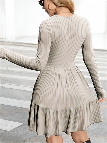Autumn Style Casual Ruffle Trimmed Skirt, Fitted A-Line Mini Spring Sweater Dress with Knee-Length Fashionable Long Sleeves, A-Line Skirt, Round Neckline, Dropped Shoulder Hem, Fabric, Short Dress, Elegant Women'S Ribbed Long Sleeve Dress