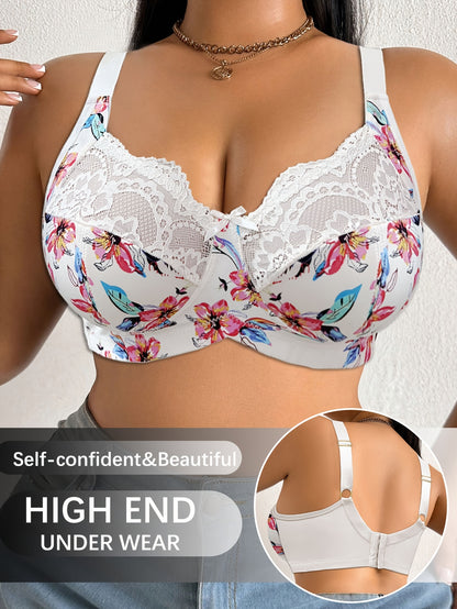 Women Deep V U-Back Bra, Floral Print Lace Spliced, Wire-Free Non-Padded Thin Breathable Intimates, Daily Lingerie For Spring Summer