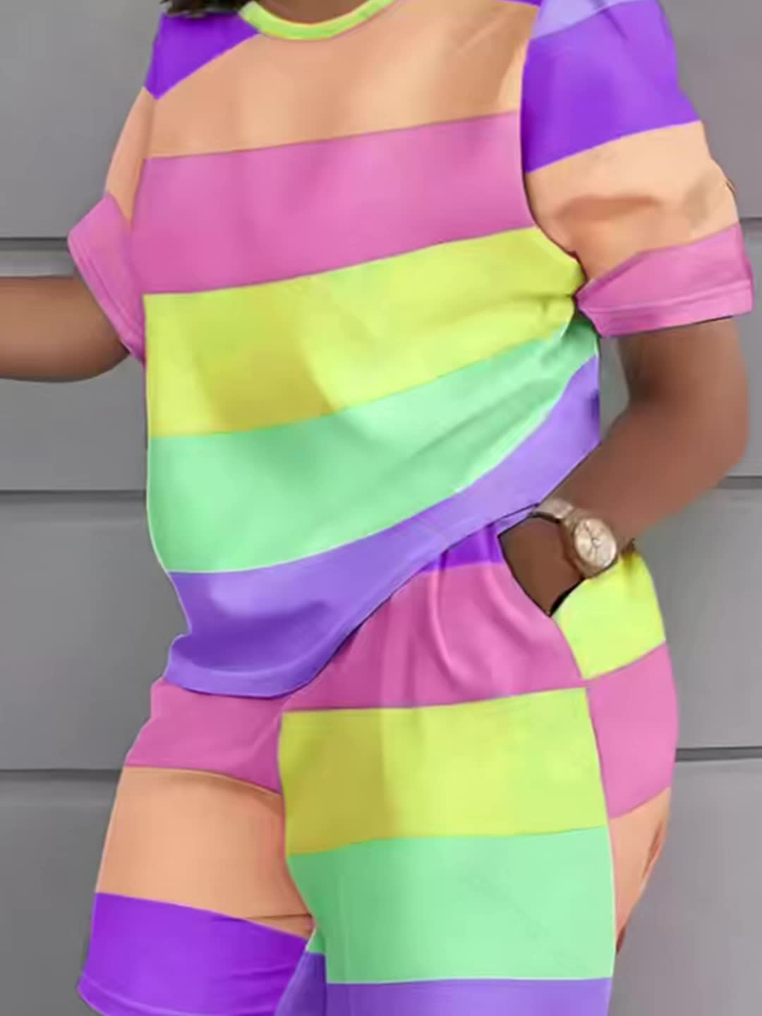 Plus Size, European And American Fashion Color-blocked Stripe Print Casual Shorts Set Plus Size Suit