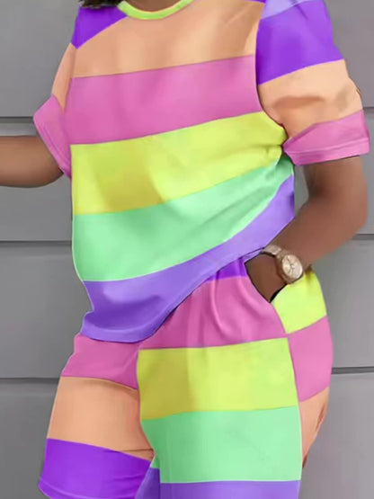 Plus Size, European And American Fashion Color-blocked Stripe Print Casual Shorts Set Plus Size Suit