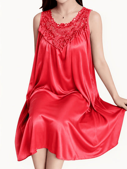 2pcs of Women'S Elegant Lace Pajamas - Smooth Satin Fabric, Purple And Blue, Sleeveless Round Neck Nightgown, Exquisite Floral Lace Details, Light And Comfortable in Summer