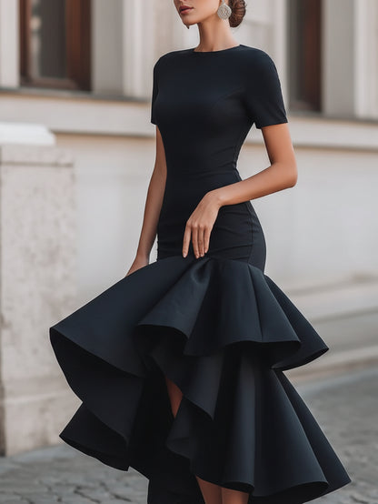 Women's Spring-Summer Round Neck Short-Sleeve Mermaid Dress | Elegant Exquisite Design Showcasing Premium Temperament, Ideal for Dinners & Luxury Gatherings to Create Neat Eye-Catching Looks