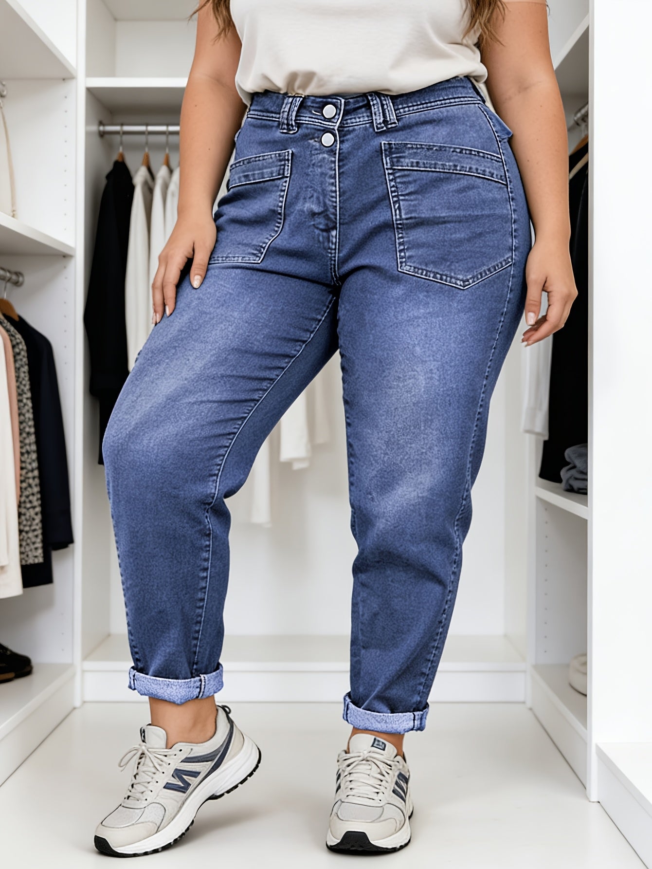 Plus Size Women'S Stretch Mid-Rise Straight Leg Jeans with Slanted Pockets - Versatile Year-Round Denim for Casual Everyday Wear Workwear Style, Relaxed Fit, Suitable for All Seasons, Casual And Semi-Formal Occasions
