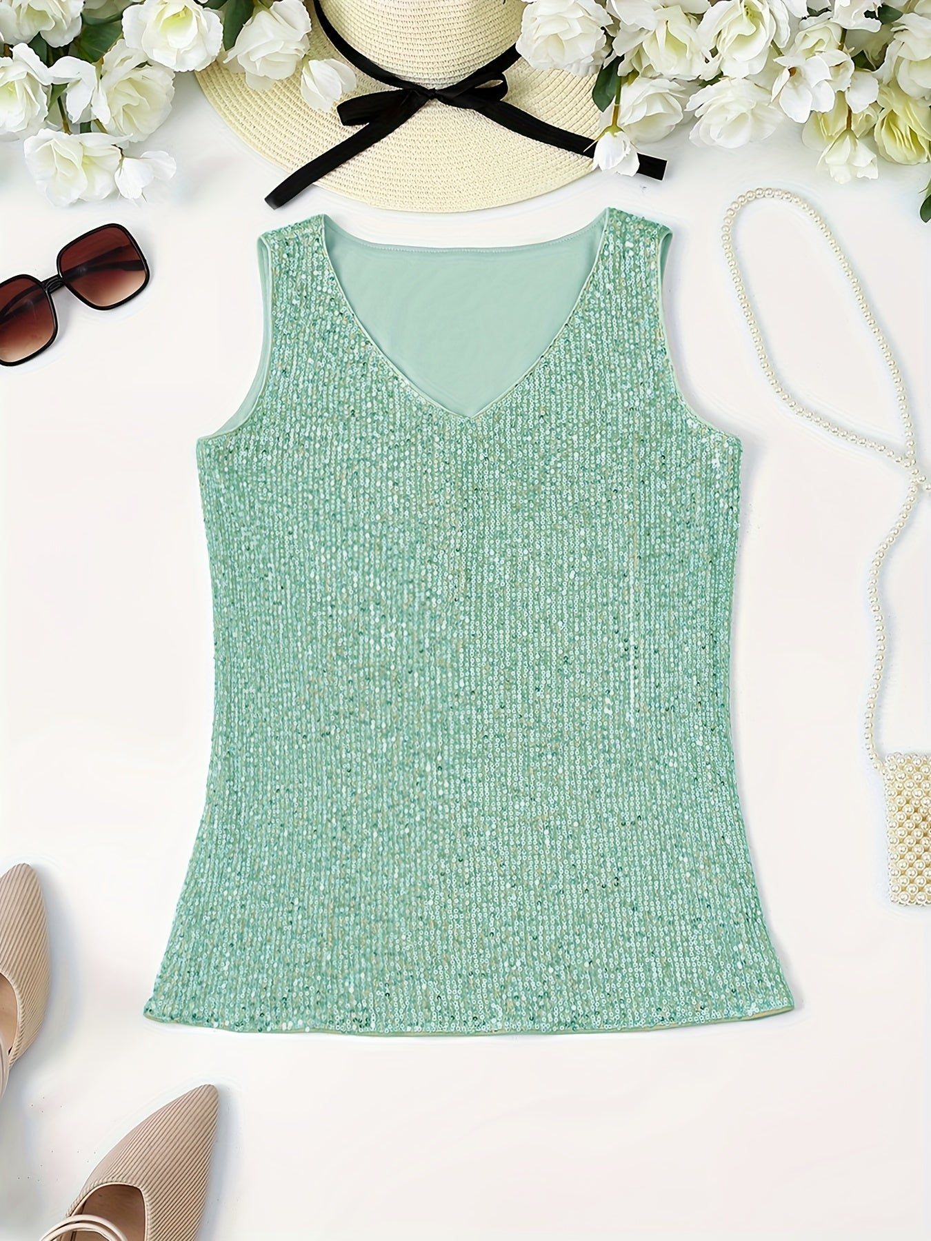 Sparkling Sequin V-Neck Sleeveless Top, Elegant Casual Tank for Spring and Summer Wear