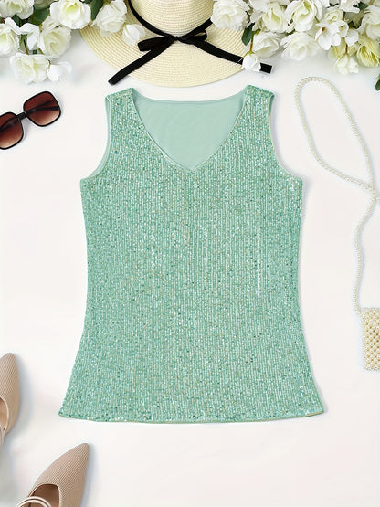 Sparkling Sequin V-Neck Sleeveless Top, Elegant Casual Tank for Spring and Summer Wear