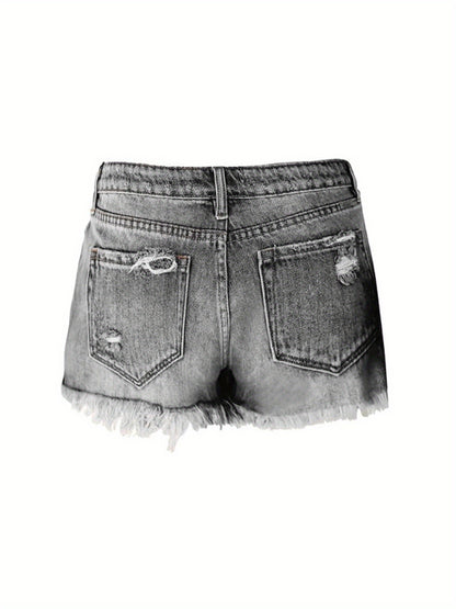 Women's Stretch Denim-Style Casual Shorts - Mid-Rise Straight-Leg Ripped Frayed Hem, 85% Polyester 15% Spandex, Machine Washable Summer Hot Pants