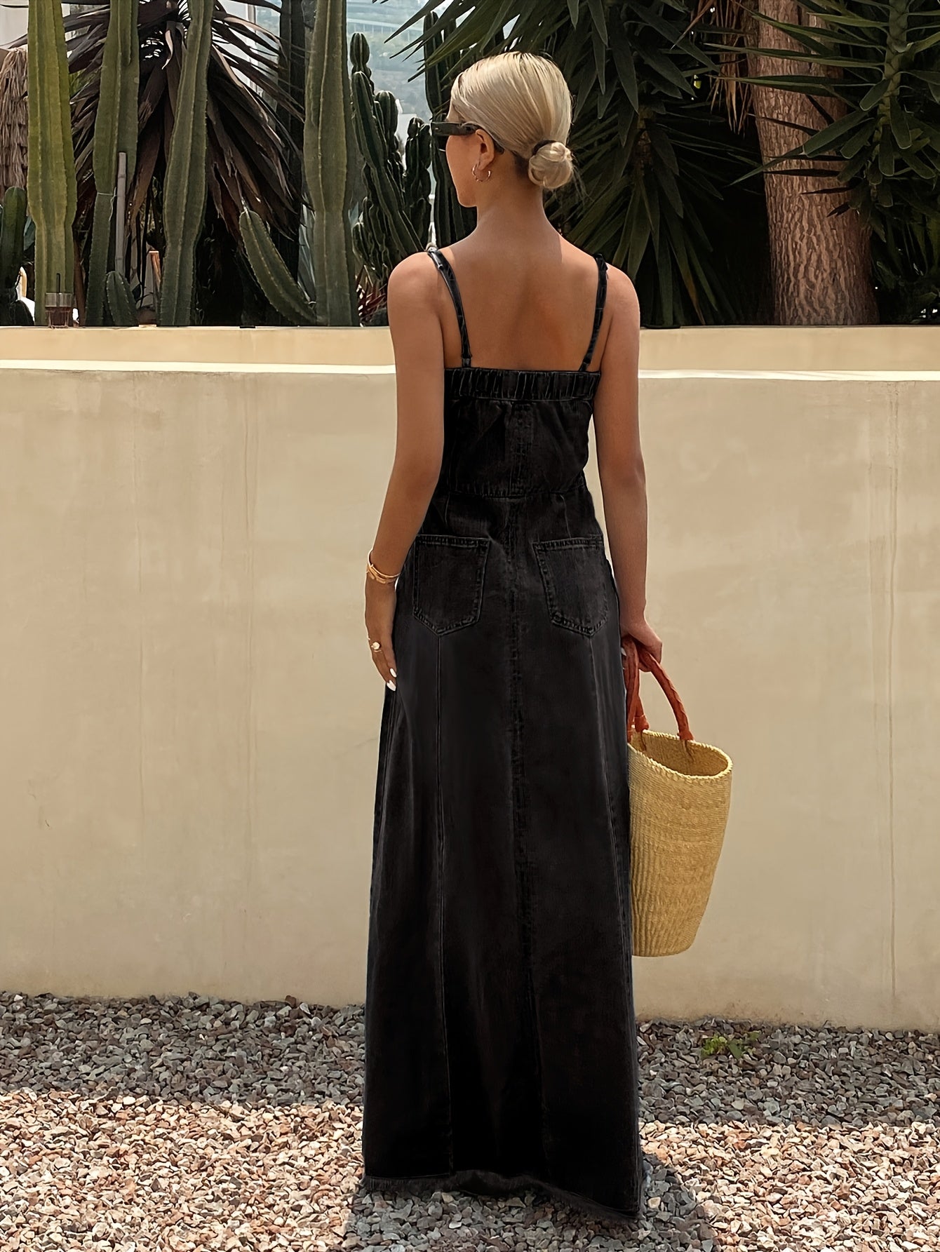 Vintage Washed Denim Maxi Dress for Women Sleeveless Long Jean Dress with Relaxed Non-Stretch Fabric, Casual Boutique Outfit for Spring Fall
