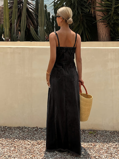 Vintage Washed Denim Maxi Dress for Women Sleeveless Long Jean Dress with Relaxed Non-Stretch Fabric, Casual Boutique Outfit for Spring Fall