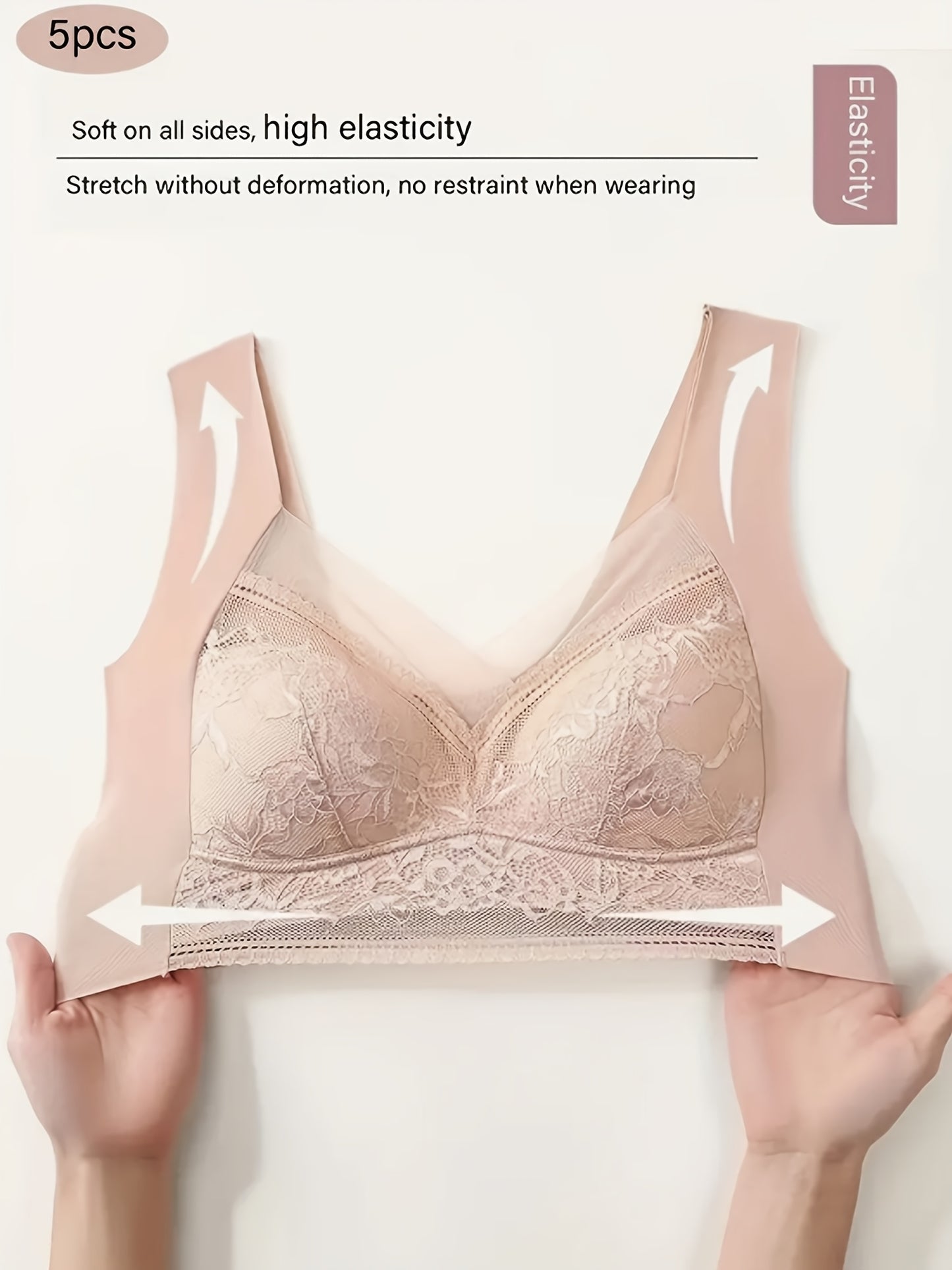 5pcs Elegant Floral Lace Wireless Bralette Bra, Comfy & Breathable Full Coverage Push Up Intimates Bra, Women's Lingerie & Underwear, Perfect for Adult Women's Casual Attire, Home, Dating And Other Occasions