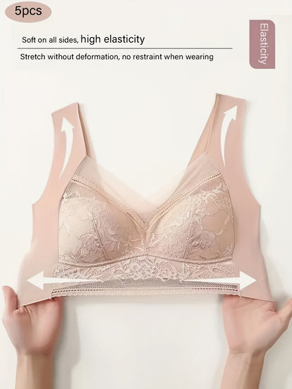 5pcs Elegant Floral Lace Wireless Bralette Bra, Comfy & Breathable Full Coverage Push Up Intimates Bra, Women's Lingerie & Underwear, Perfect for Adult Women's Casual Attire, Home, Dating And Other Occasions