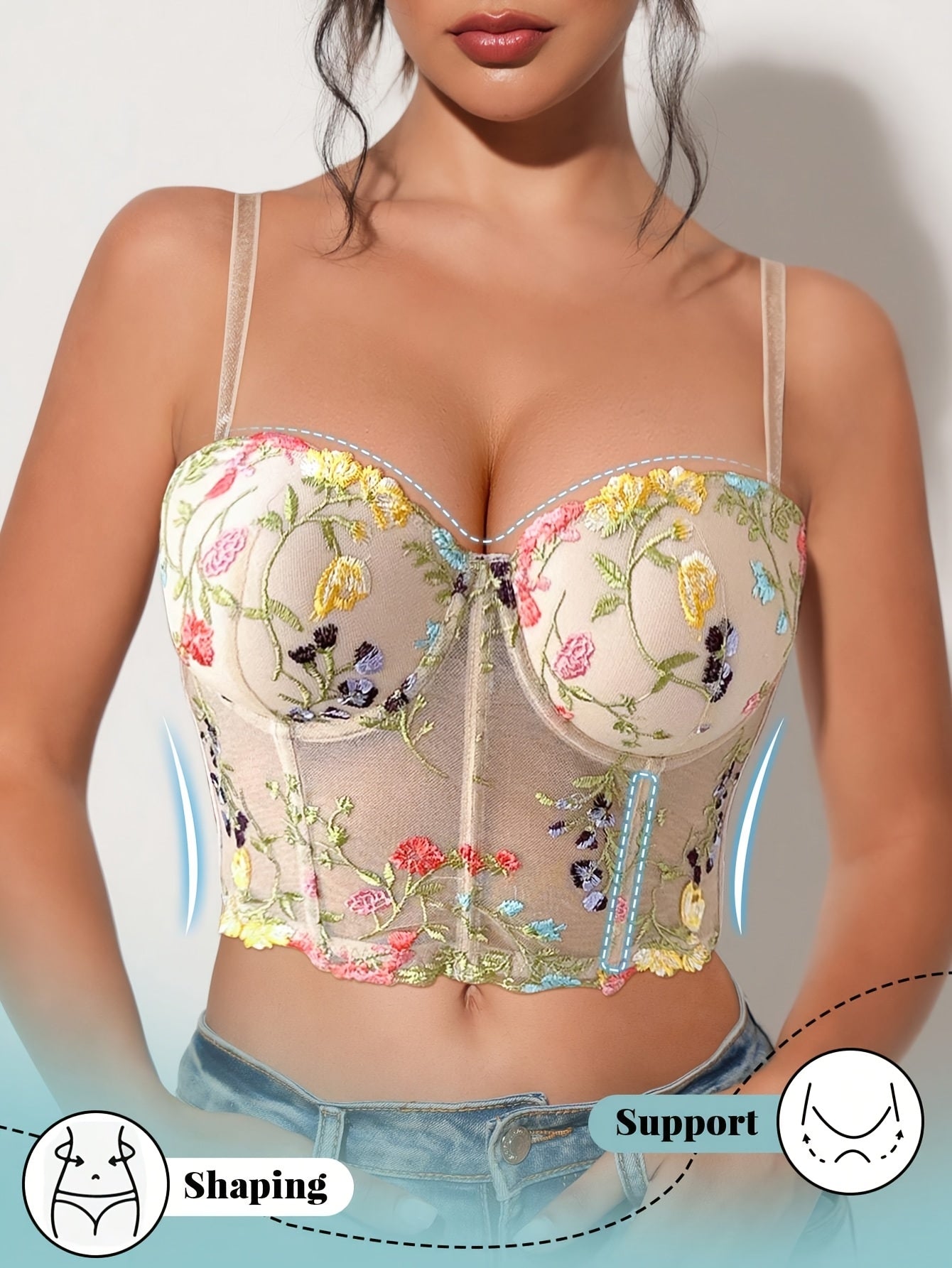 Elegant Floral Lace Push-Up Bra for Women - Underwire Support, Non-Removable Pads, Beige with Vibrant Floral Embroidery, Comfortable & Stylish Lingerie, Hand Wash Only, Durable Underwire