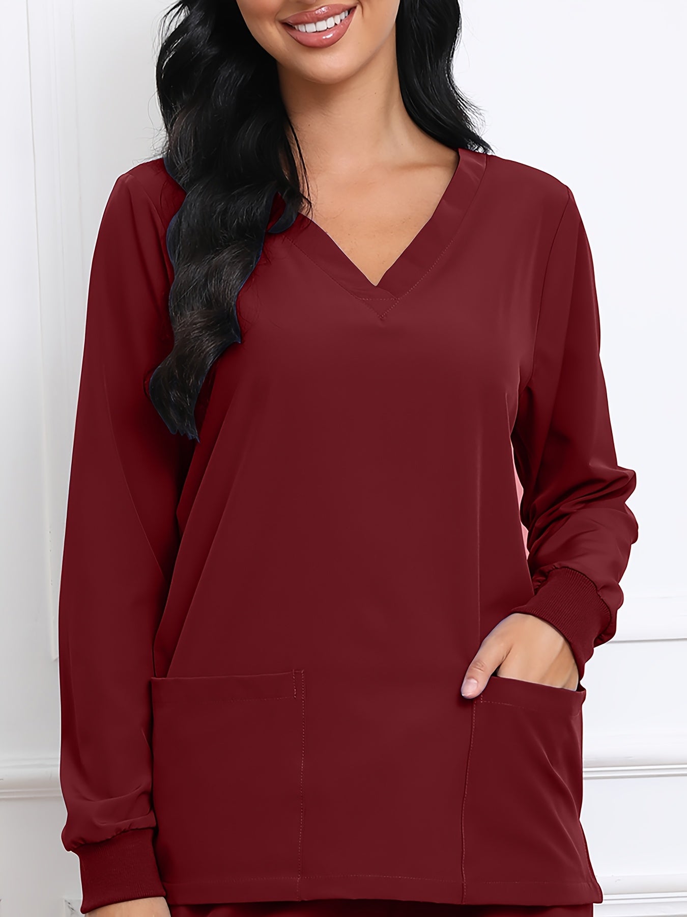 Women's V-Neck Long Sleeve Matte Breathable S Uniform Pockets Wash Clothes Work Shirt Scrubbing Top
