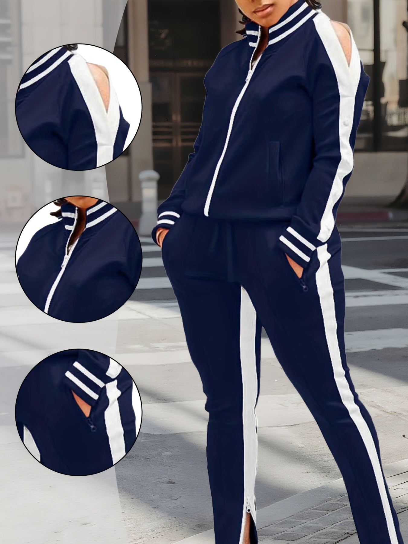 Women's 2pcs Athletic Tracksuit Set, Striped Contrast Shoulder Slit Top & Zipper Hem Sporty Pants, Activewear Lounge Set